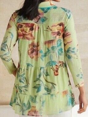 Soft Sourroundings Elena Tunic Top Green Tropical Floral Print Tiered Back XS